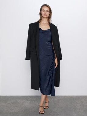 Zara ruched cowl neck slip dress in navy blue US M